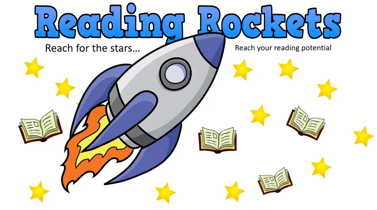 The Reading Rockets poster, a rocket flying past stars and books