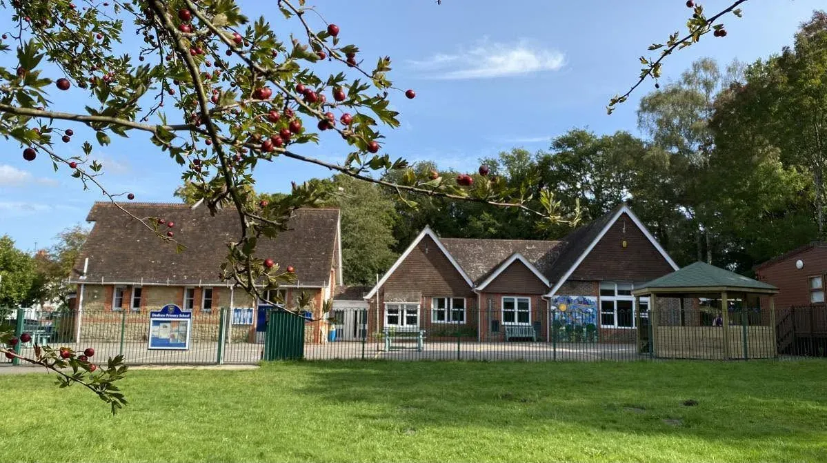 The school buildings seen across the playing field, framed by an apple tree